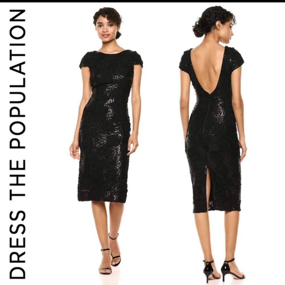NWT DRESS THE POPULATION Marcella Sequin Black Midi Dress Size L.